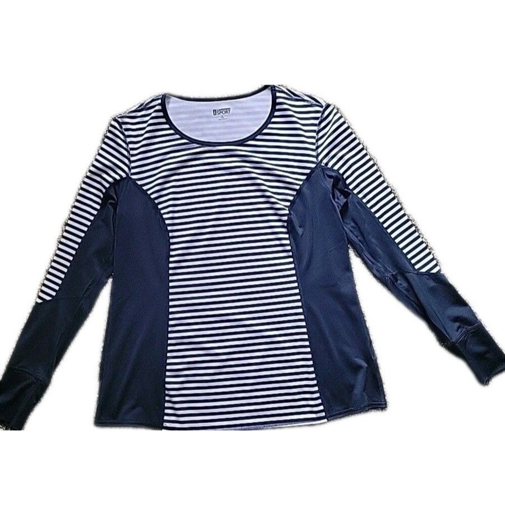 Lands End Top Womens L Long Blue Stripe Rash Guard Long Sleeve Round Neck S1144